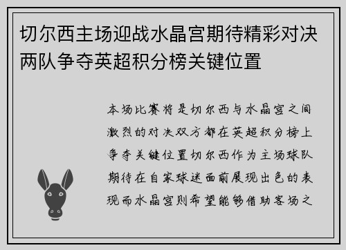 切尔西主场迎战水晶宫期待精彩对决两队争夺英超积分榜关键位置